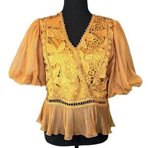 Haute Monde Peplum Top Gold Lace Wrap Front Puffy Short Sleeves NEW